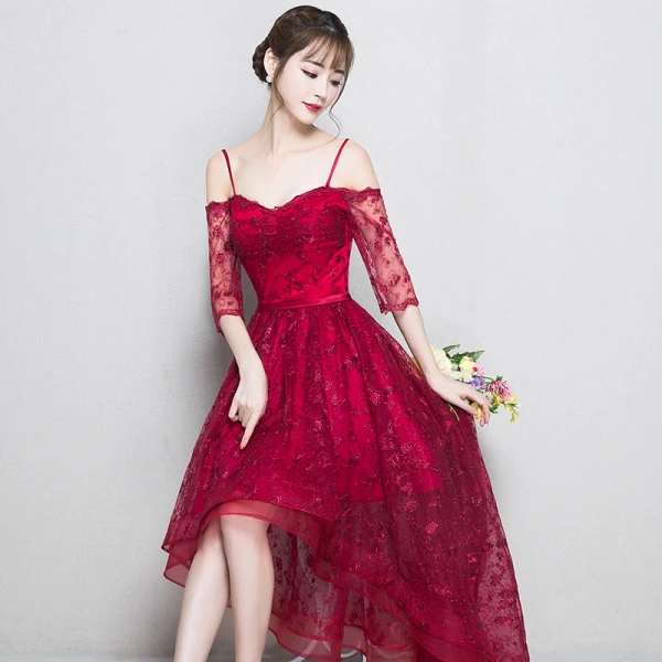 Chic / Belle Bordeaux Robe De Soirée 2018 Princesse En Dentelle Fleur Bretelles Spaghetti Dos Nu 3/4 Manches Asymétrique Robe De Ceremonie