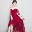 Chic / Belle Bordeaux Robe De Soirée 2018 Princesse En Dentelle Fleur Bretelles Spaghetti Dos Nu 3/4 Manches Asymétrique Robe De Ceremonie