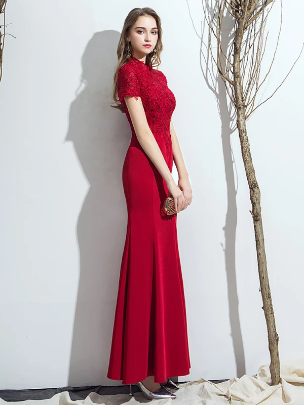 Chic / Beautiful Burgundy Evening Dresses  2019 Trumpet / Mermaid High Neck Backless Crystal Rhinestone Lace Flower Short Sleeve Floor-Length / Long Formal Dresses