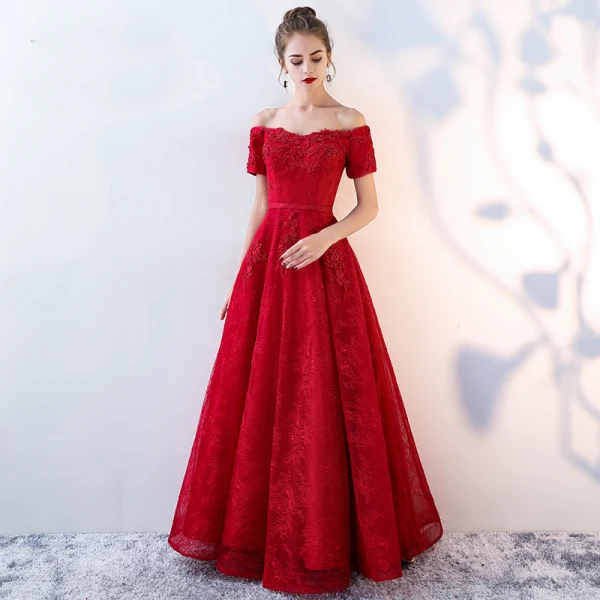 Chic / Beautiful Burgundy Evening Dresses 2019 A-Line / Princess Off-The-Shoulder Beading Crystal Lace Flower Short Sleeve Backless Floor-Length / Long Formal Dresses