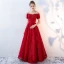 Chic / Beautiful Burgundy Evening Dresses  2019 A-Line / Princess Off-The-Shoulder Beading Crystal Lace Flower Short Sleeve Backless Floor-Length / Long Formal Dresses