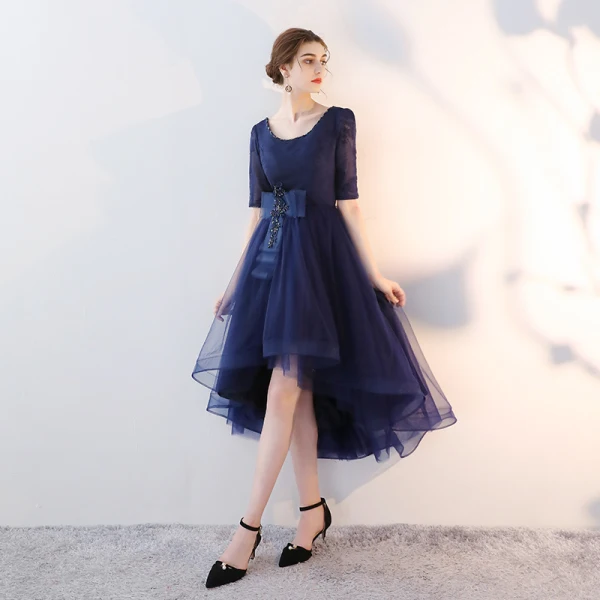 Chic / Beautiful Navy Blue Cocktail Dresses A-Line / Princess Scoop Neck Beading Sequins Bow 1/2 Sleeves Backless Asymmetrical Formal Dresses