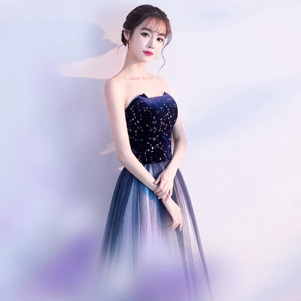 Charming Navy Blue Prom Dresses A-Line / Princess 2019 Strapless Suede Star Sleeveless Backless Floor-Length / Long Formal Dresses