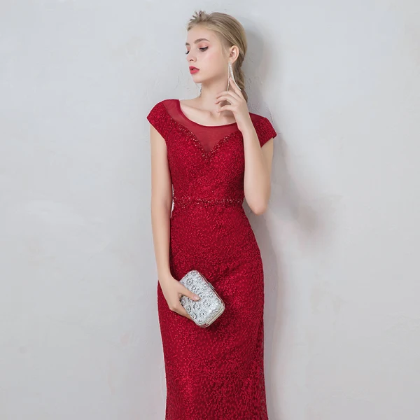 Chic / Beautiful Burgundy Evening Dresses 2019 A-Line / Princess Scoop Neck Crystal Lace Flower Short Sleeve Backless Floor-Length / Long Formal Dresses