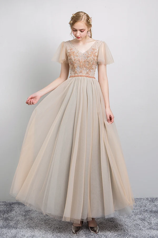Élégant Champagne Robe De Soirée 2019 Princesse V-Cou Perlage Cristal Paillettes Manches Courtes Dos Nu Longue Robe De Ceremonie