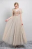 Élégant Champagne Robe De Soirée 2019 Princesse V-Cou Perlage Cristal Paillettes Manches Courtes Dos Nu Longue Robe De Ceremonie