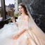 Charming Champagne Wedding Dresses 2019 A-Line / Princess Off-The-Shoulder Pearl Lace Flower Short Sleeve Backless Cascading Ruffles Cathedral Train