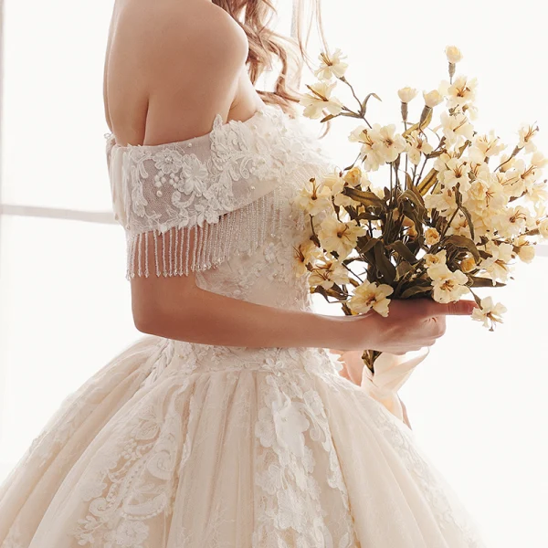 Elegant Champagne Wedding Dresses 2019 A-Line / Princess Off-The-Shoulder Beading Tassel Pearl Lace Flower Short Sleeve Backless Cathedral Train