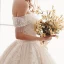 Elegant Champagne Wedding Dresses 2019 A-Line / Princess Off-The-Shoulder Beading Tassel Pearl Lace Flower Short Sleeve Backless Cathedral Train