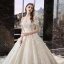 Elegant Ivory Wedding Dresses 2019 A-Line / Princess Off-The-Shoulder Beading Appliques Lace Flower Short Sleeve Backless Royal Train