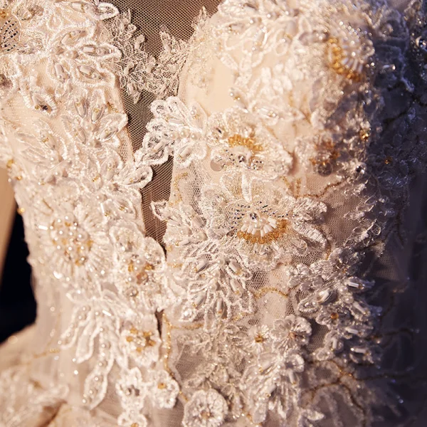 Luxury / Gorgeous Champagne Wedding Dresses 2019 A-Line / Princess High Neck Glitter Beading Lace Flower Pearl Crystal Long Sleeve Backless Royal Train