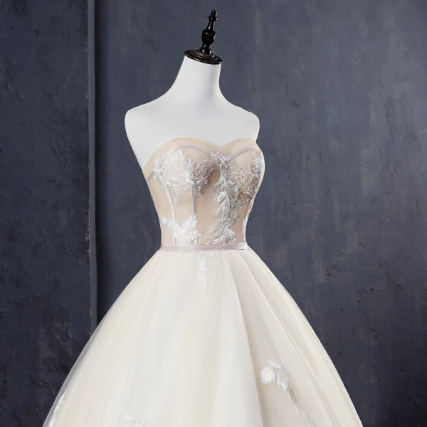 Elegant Champagne Wedding Dresses 2019 Ball Gown Strapless Lace Flower Sleeveless Backless Floor-Length / Long