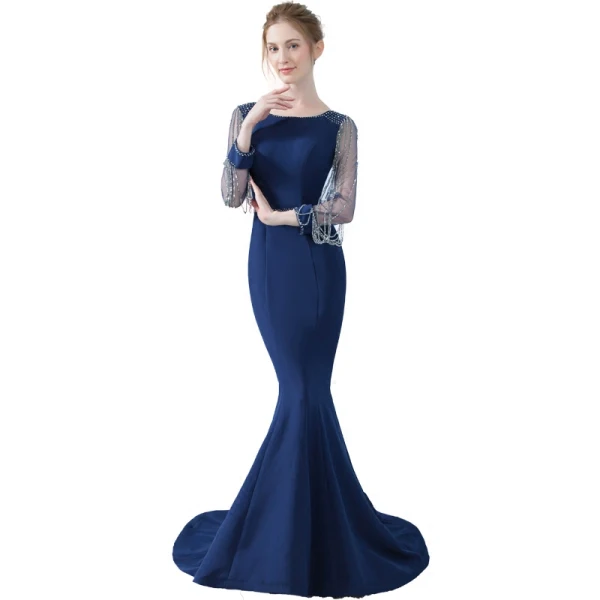 Chic / Belle Bleu Marine Robe De Soirée 2018 Trompette / Sirène Perlage Gland 3/4 Manches Encolure Dégagée Train De Balayage Robe De Ceremonie