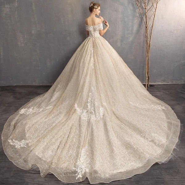 Charming Champagne Wedding Dresses 2019 Ball Gown Off-The-Shoulder Short Sleeve Backless Flower Glitter Lace Pearl Chapel Train