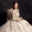 Élégant Champagne Robe De Mariée 2019 Princesse V-Cou Perlage En Dentelle Fleur Paillettes 3/4 Manches Dos Nu Cathedral Train