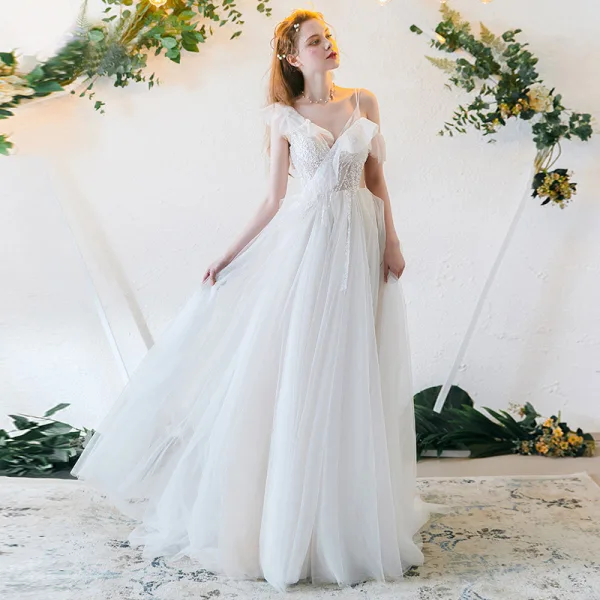Chic / Belle Ivoire Robe De Soirée 2019 Princesse Bretelles Spaghetti Perlage En Dentelle Fleur Dos Nu Longue Robe De Ceremonie