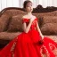 Schöne Rot Brautkleider / Hochzeitskleider 2019 A Linie Off Shoulder Pailletten Spitze Blumen Kurze Ärmel Rückenfreies Kathedrale Schleppe