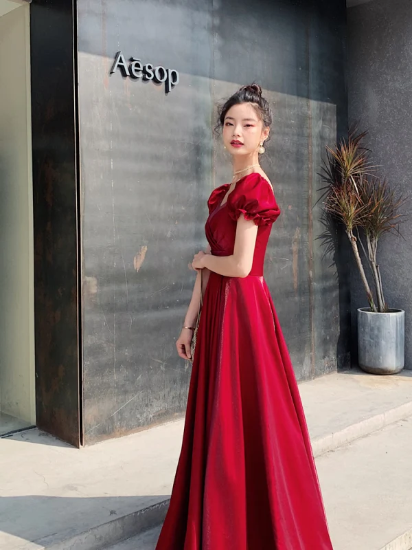 Chic / Beautiful Red Evening Dresses  2021 A-Line / Princess Square Neckline Short Sleeve Backless Floor-Length / Long Evening Party Formal Dresses