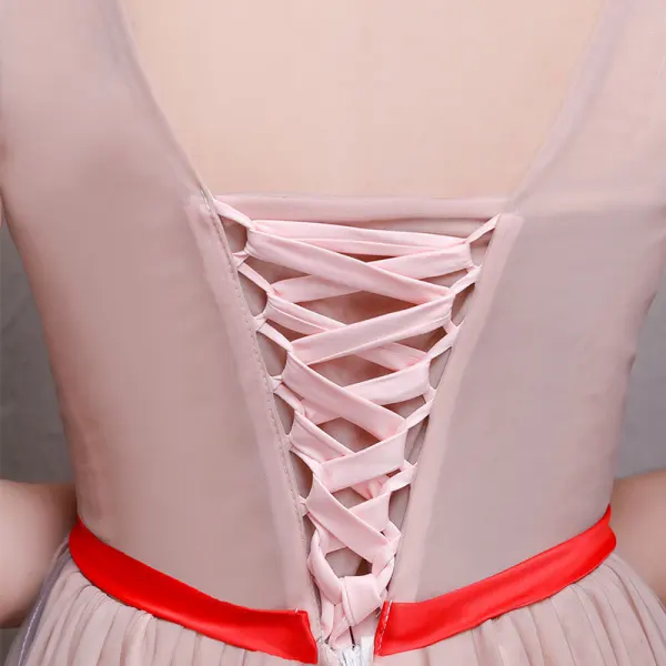 Chic / Beautiful Red Prom Dresses 2018 A-Line / Princess Appliques Crystal Bow V-Neck Backless Sleeveless Floor-Length / Long Formal Dresses