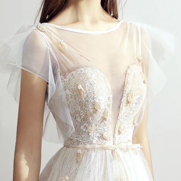 Chic / Belle Ivoire Robe De Mariée 2019 Princesse Encolure Dégagée Appliques En Dentelle Fleur Noeud Manches Courtes Dos Nu Chapel Train