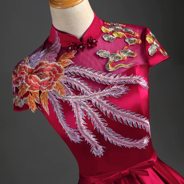 Chinese style Burgundy Evening Dresses 2019 A-Line / Princess High Neck Appliques Lace Bow Cap Sleeves Backless Floor-Length / Long Formal Dresses