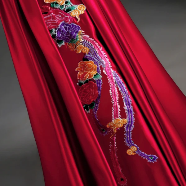 Chinese style Burgundy Evening Dresses 2019 A-Line / Princess High Neck Bow Appliques Lace Cap Sleeves Backless Floor-Length / Long Formal Dresses