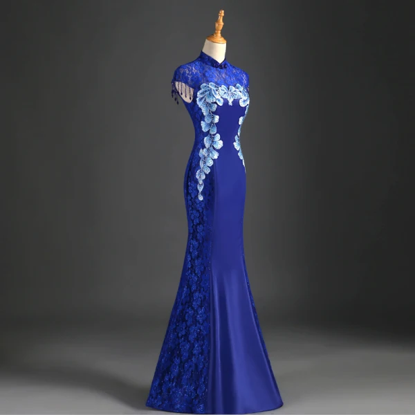 Chinese style Royal Blue Evening Dresses  Trumpet / Mermaid High Neck Beading Tassel Rhinestone Lace Flower Cap Sleeves Floor-Length / Long Formal Dresses