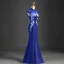 Chinese style Royal Blue Evening Dresses  Trumpet / Mermaid High Neck Beading Tassel Rhinestone Lace Flower Cap Sleeves Floor-Length / Long Formal Dresses