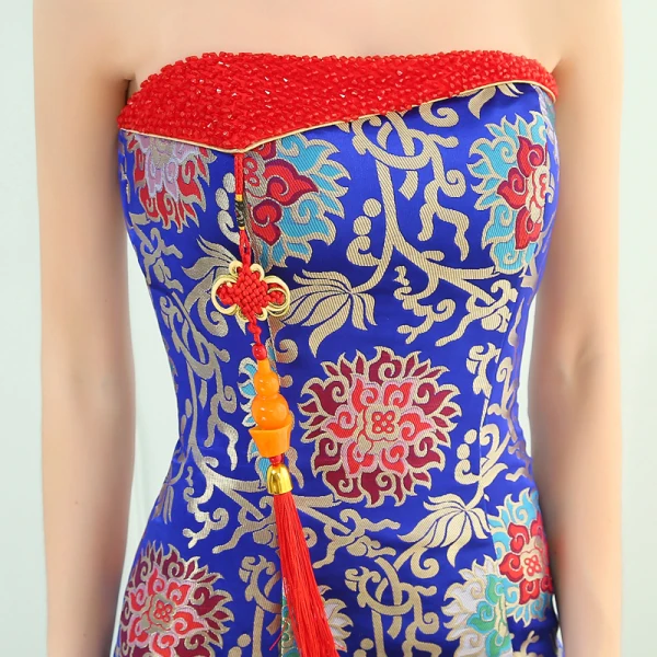 Chinese style Royal Blue Evening Dresses 2019 Trumpet / Mermaid Strapless Tassel Crystal Embroidered Sleeveless Backless Floor-Length / Long Formal Dresses