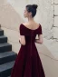Chic / Beautiful Burgundy Suede Evening Dresses  2021 A-Line / Princess Off-The-Shoulder Short Sleeve Backless Ankle Length Evening Party Formal Dresses
