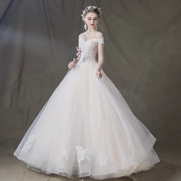 Elegant Champagne Wedding Dresses 2018 Ball Gown Lace Flower Off-The-Shoulder Backless Sleeveless Floor-Length / Long Wedding