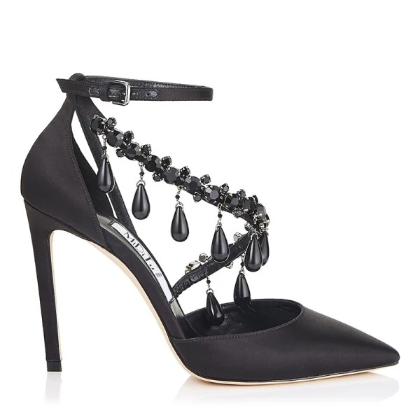 Charming Black Evening Party Womens Shoes 2019 Ankle Strap Rhinestone Tassel 8 cm Stiletto Heels Pointed Toe High Heels