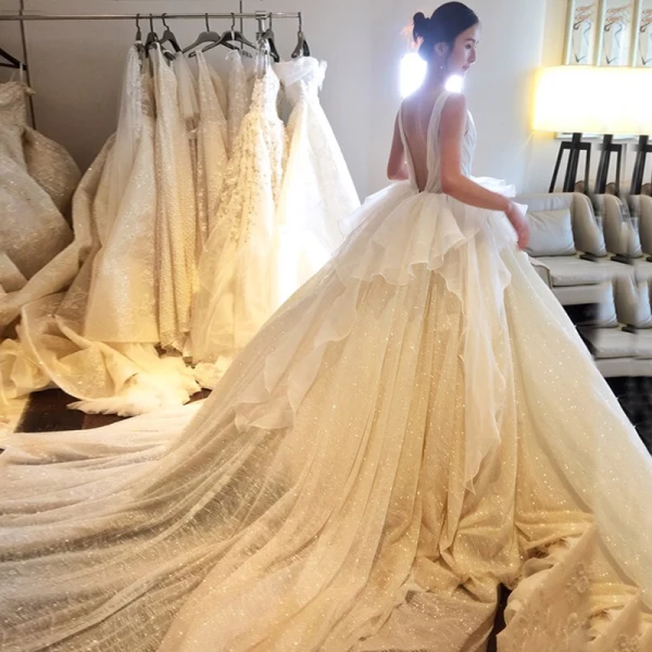 Luxus / Herrlich Champagner Glanz Brautkleider / Hochzeitskleider 2019 A Linie Durchsichtige Tiefer V-Ausschnitt Ärmellos Rückenfreies Fallende Rüsche