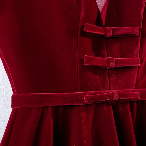 Chic / Beautiful Burgundy Evening Dresses 2019 A-Line / Princess Scoop Neck Suede Bow Sleeveless Backless Floor-Length / Long Formal Dresses