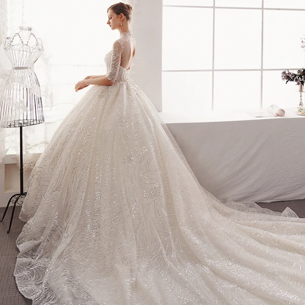 Charming Champagne Wedding Dresses 2019 A-Line / Princess Scoop Neck Beading Sequins Lace Flower 1/2 Sleeves Backless Cathedral Train