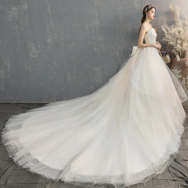 Charmant Champagne Robe De Mariée 2019 Princesse Bustier Noeud Sans Manches Dos Nu Cathedral Train