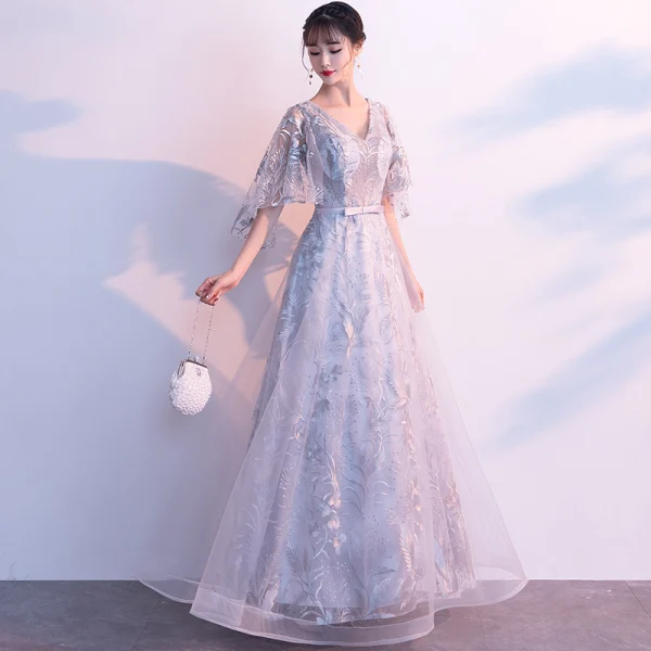 Chic / Beautiful Grey Evening Dresses 2019 A-Line / Princess V-Neck Bow Lace Flower 1/2 Sleeves Backless Floor-Length / Long Formal Dresses