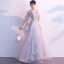 Chic / Beautiful Grey Evening Dresses  2019 A-Line / Princess V-Neck Bow Lace Flower 1/2 Sleeves Backless Floor-Length / Long Formal Dresses