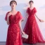 Chic / Beautiful Burgundy Evening Dresses  2019 A-Line / Princess V-Neck Crystal Lace Flower Short Sleeve Backless Floor-Length / Long Formal Dresses