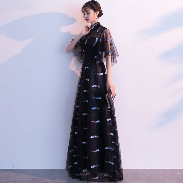 Chic / Beautiful Black Evening Dresses 2019 A-Line / Princess High Neck Sash Lace Flower 1/2 Sleeves Floor-Length / Long Formal Dresses