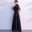 Chic / Beautiful Black Evening Dresses  2019 A-Line / Princess High Neck Sash Lace Flower 1/2 Sleeves Floor-Length / Long Formal Dresses