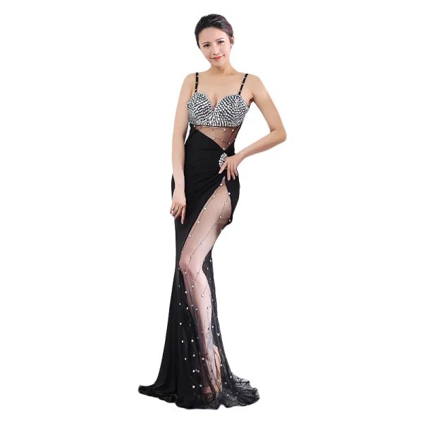 Sexy Noire Robe De Soirée 2018 Trompette / Sirène Paillettes Bretelles Spaghetti Dos Nu Sans Manches Longue Robe De Ceremonie
