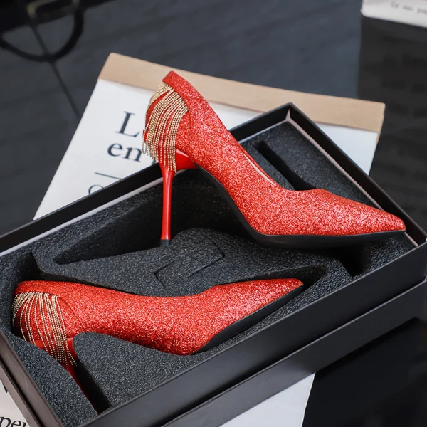 Glittrande Silver Brudskor 2019 Glittriga / Glitter Paljetter Tassel 10 cm Stilettklackar Spetsiga Bröllop Pumps