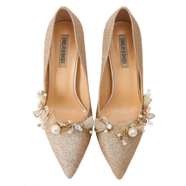 Sparkly Gold Wedding Shoes 2019 Leather Sequins Appliques Pearl 9 cm Stiletto Heels Pointed Toe Wedding Pumps