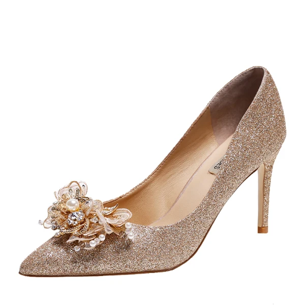 Glitzernden Gold Brautschuhe 2019 Leder Spitze Blumen Pailletten Perle Strass 9 cm Stilettos Spitzschuh Hochzeit Pumps