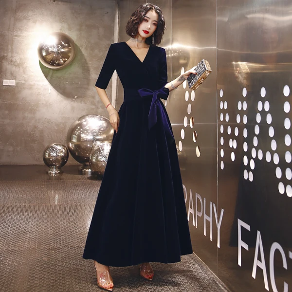 Elegant Burgundy Suede Evening Dresses 2021 A-Line / Princess V-Neck Bow 1/2 Sleeves Floor-Length / Long Evening Party Formal Dresses