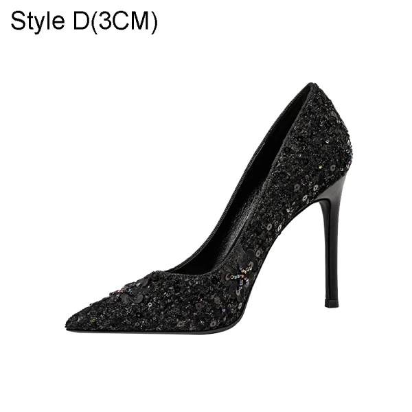 Charmant Noire Soirée Paillettes Escarpins 2021 10 cm Talons Aiguilles Cuir À Bout Pointu Escarpins Talons Hauts