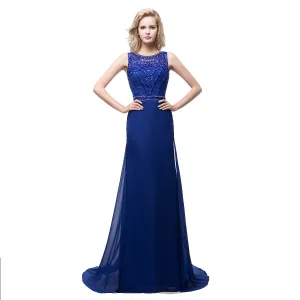 Mode Kungsblå Chiffong Genomskinliga Aftonklänningar 2018 Prinsessa Urringning Ärmlös Pärla Rhinestone Beading Svep Tåg Ruffle Formella Klänningar