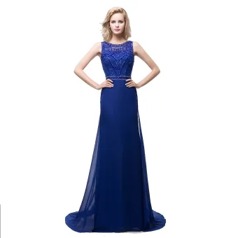 Modern Koninklijk Blauw Chiffon Doorzichtige Avondjurken 2018 A Lijn Ronde Hals Mouwloos Parel Rhinestone Kralen Sweep Trein Ruche Gelegenheid Jurken