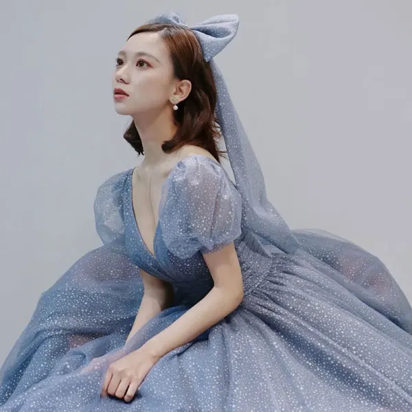 Lovely Vintage / Retro Pool Blue Prom Dresses 2021 A-Line / Princess Deep V-Neck Sequins Short Sleeve Floor-Length / Long Prom Formal Dresses
